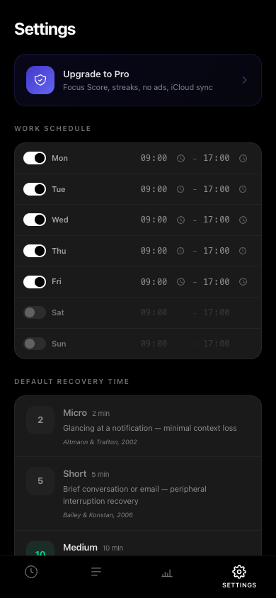 Settings with work schedule and cost calculator